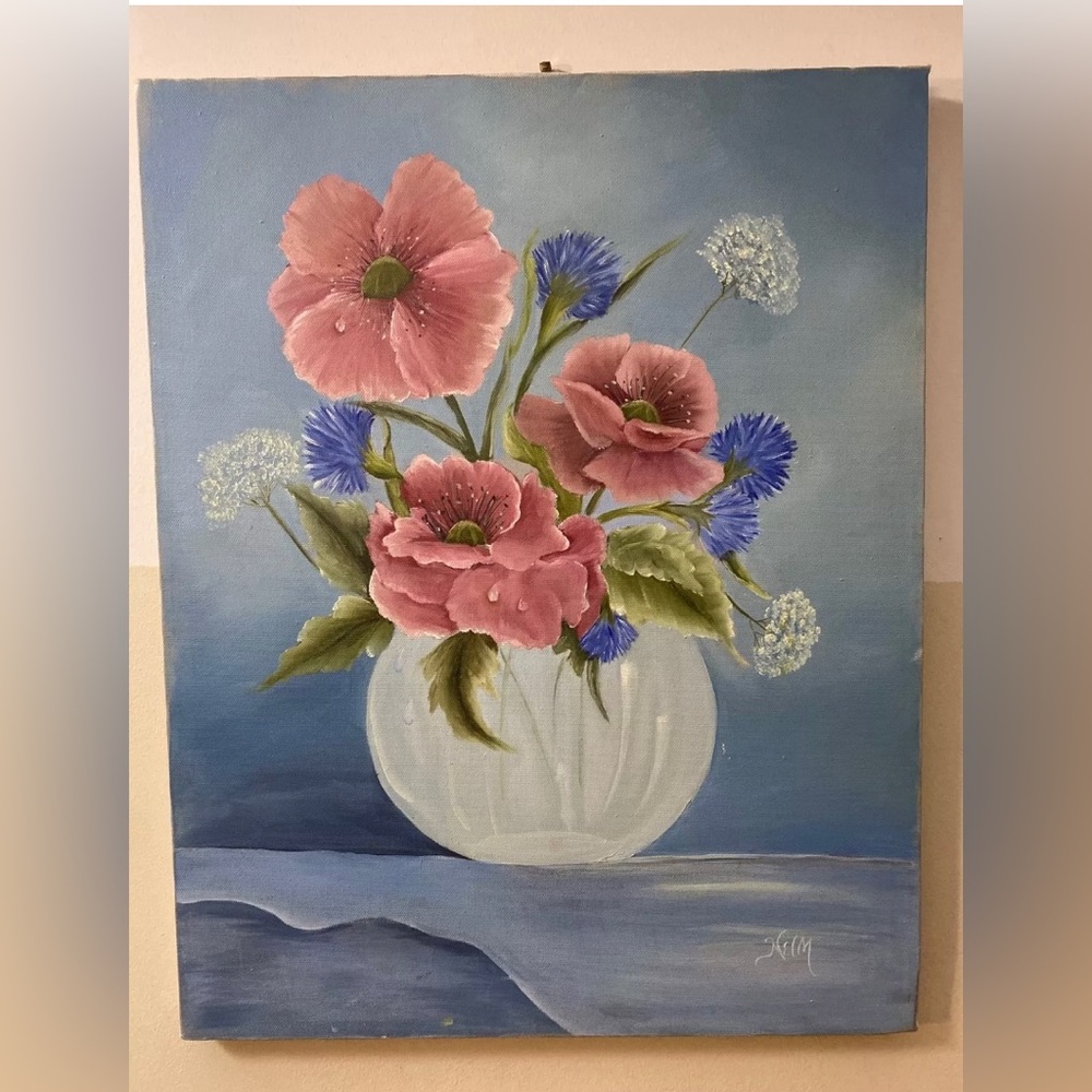 Flowers in Vase Acrylic Painting on High Quality Canvas Signed NelM